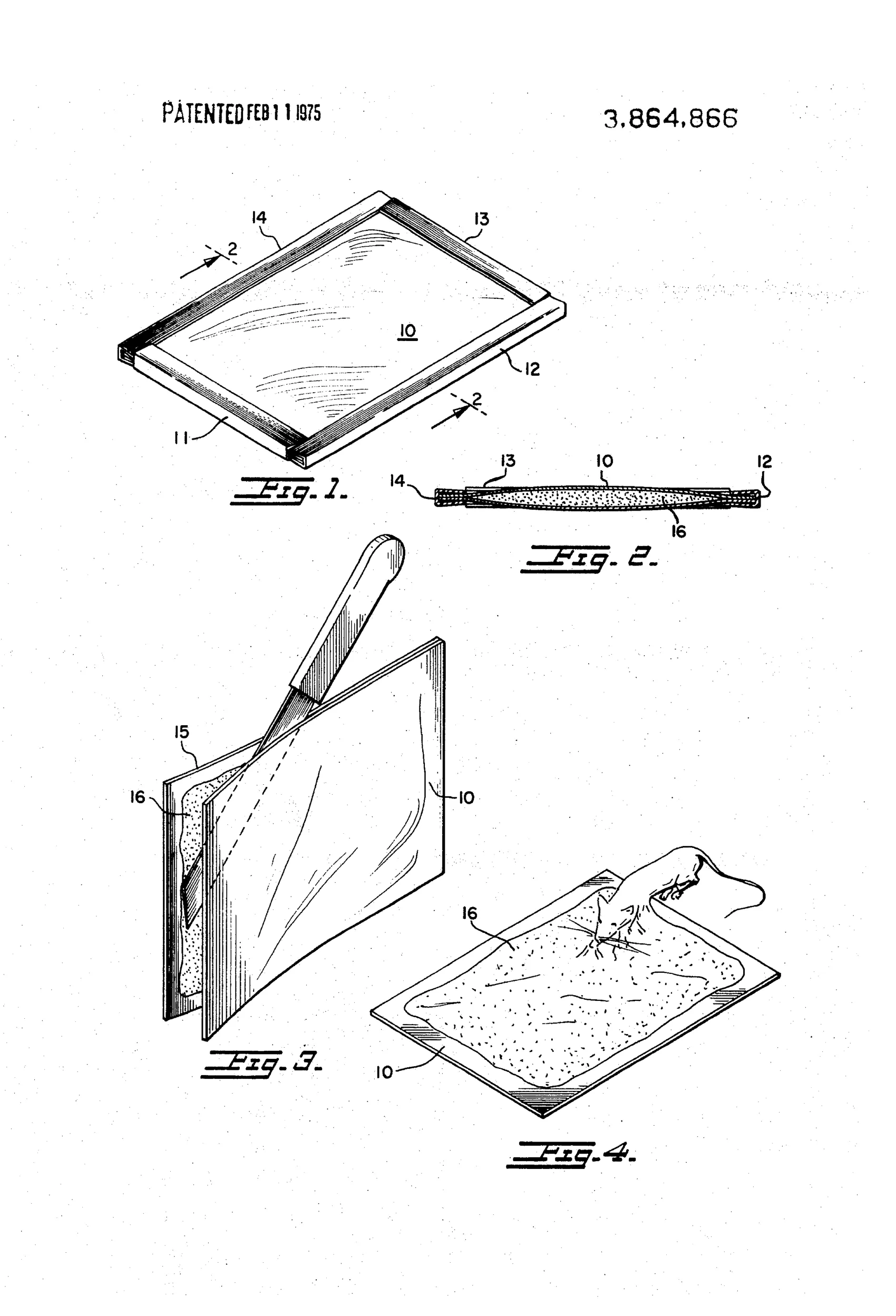 An exploded-style perspective drawing of a rectangular two-panel board trap with U-shaped edge brackets labeled 11-14, a center adhesive layer, a hand slicing the panels apart with a knife, and a final drawing showing a mouse stuck on the exposed adhesive-coated board.