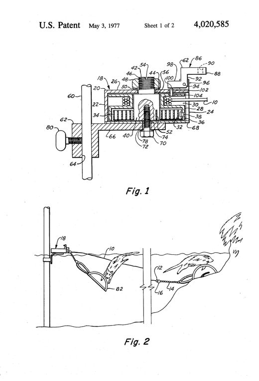 Cutaway drawing of a cylindrical spring-motor housing mounted on a stake, containing a coiled spring and spool wound with cable, with a latch arm above; a second figure shows the housing staked in water with a cable running to a jaw trap holding a small animal being pulled underwater.