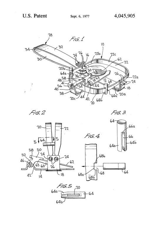 Exploded perspective drawing of a leg-hold animal trap showing a base plate with two U-shaped jaws mounted on standards, a bow-shaped U-spring, a trigger with bait pan, and cylindrical spacer jambs mounted on the jaw legs to prevent full closure.