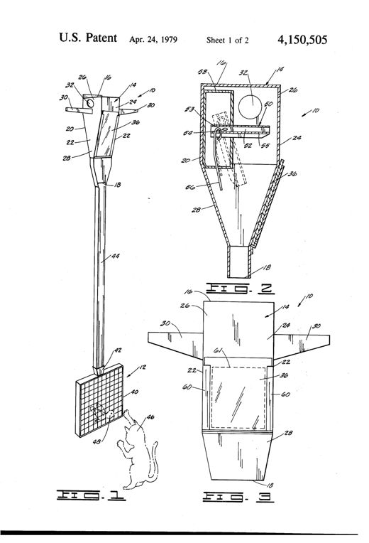 Line drawing of a tall birdhouse-shaped trap mounted atop a long down spout that connects to a flat wire mesh cage, with a cat reaching up to paw at a trapped bird sticking its head through the mesh; inset views show the internal balanced pivot tube, perch, and entrance holes.