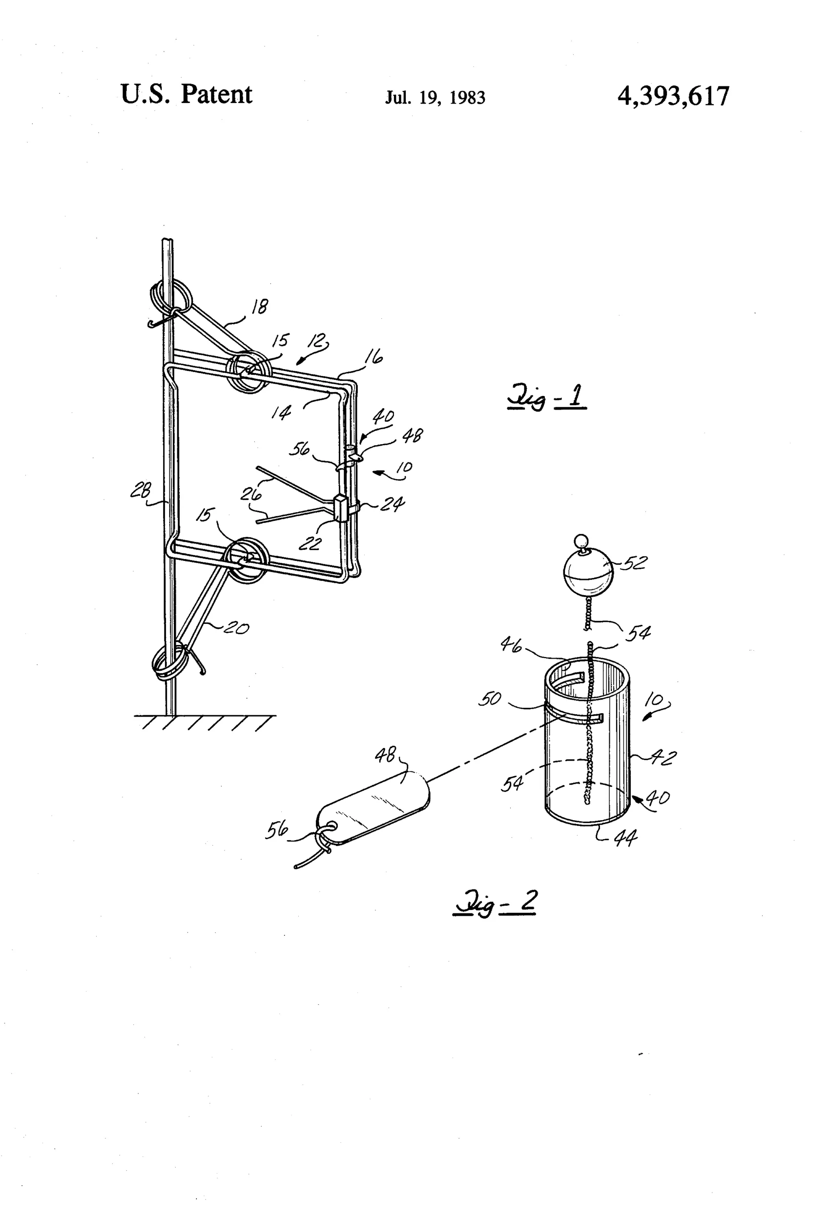 Line drawing of a wire-frame animal trap with two pivoting rectangular jaws mounted on a post, alongside an exploded view of a cylindrical housing containing a chained buoyant ball float and a removable cover tab connected by wire to the trap's movable arm.