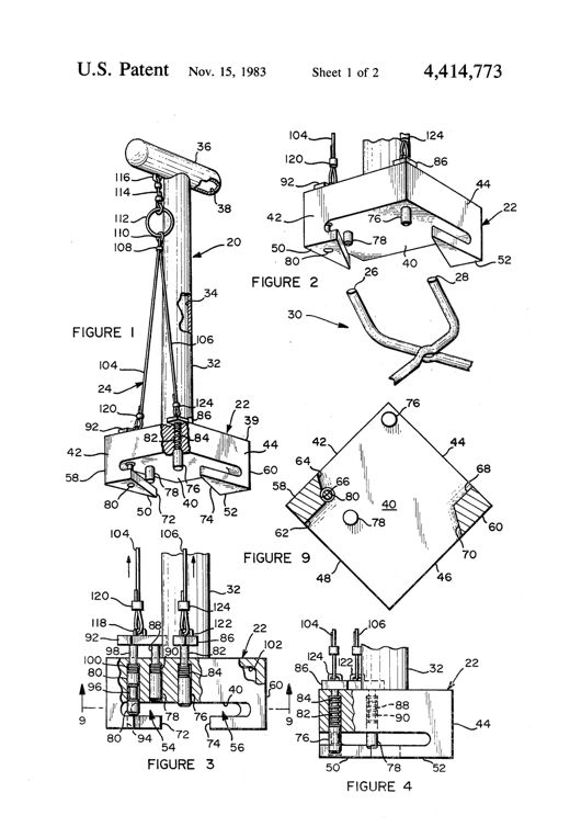 Exploded perspective drawing of a long-handled plastic safety tool with a hollow cross-handle at top, connecting cables and a ring, leading down to a rectangular body portion fitted with retractable spring-loaded pins and triangular retaining fingers used to lock onto the open jaws of a Conibear-type animal trap.