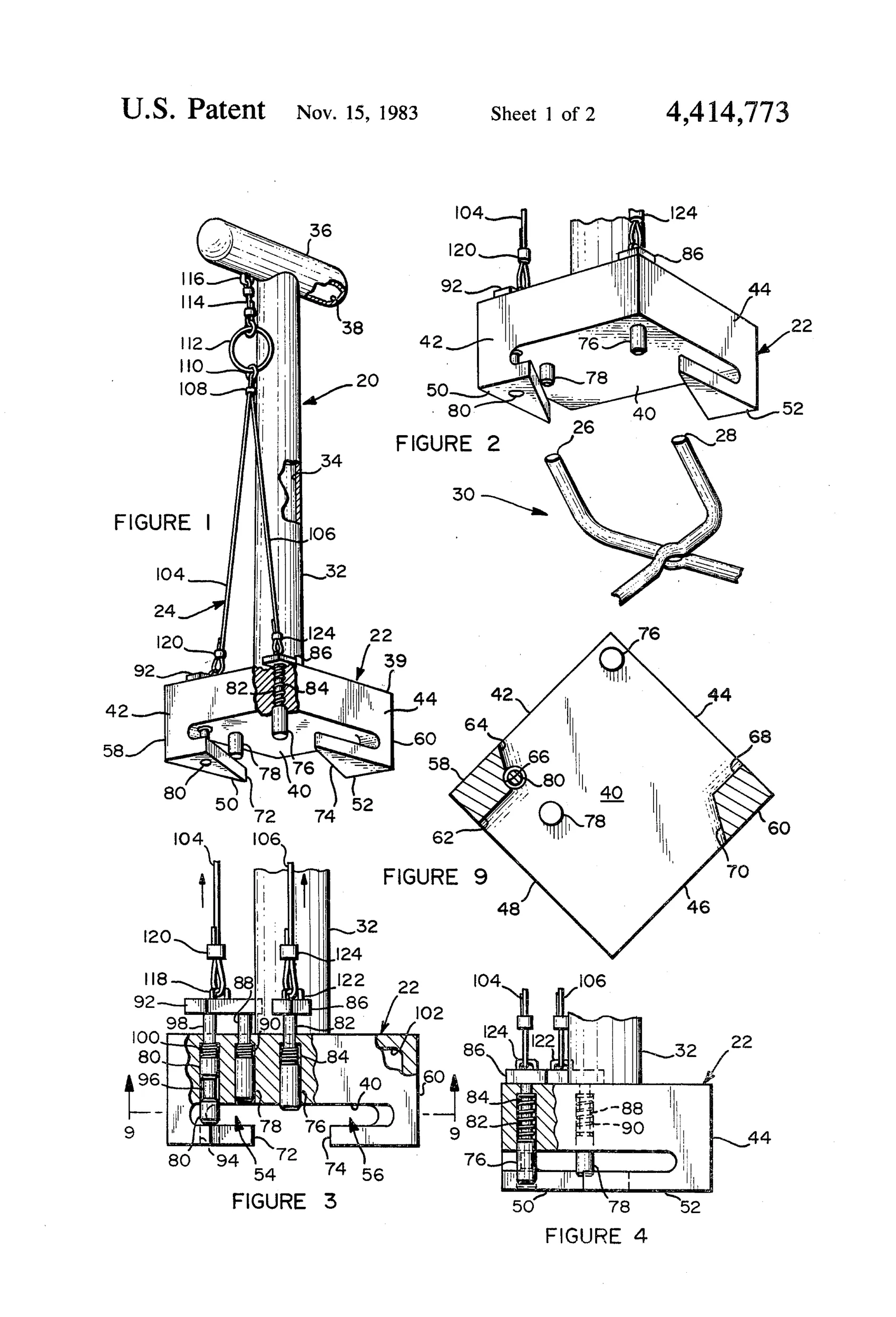 Exploded perspective drawing of a long-handled plastic safety tool with a hollow cross-handle at top, connecting cables and a ring, leading down to a rectangular body portion fitted with retractable spring-loaded pins and triangular retaining fingers used to lock onto the open jaws of a Conibear-type animal trap.