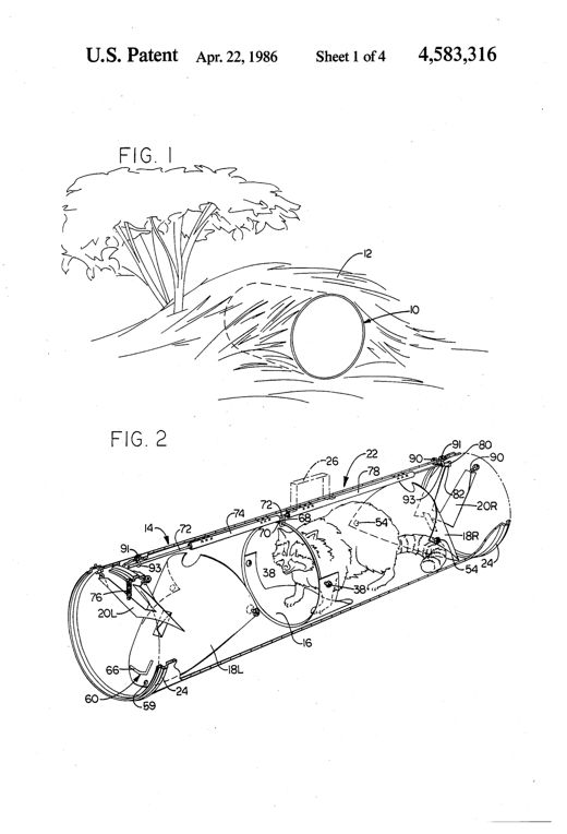 Perspective drawing of a cylindrical live-animal trap with a raccoon inside, showing the tubular casing, end doors, treadle, trigger wires, and mounting handle.