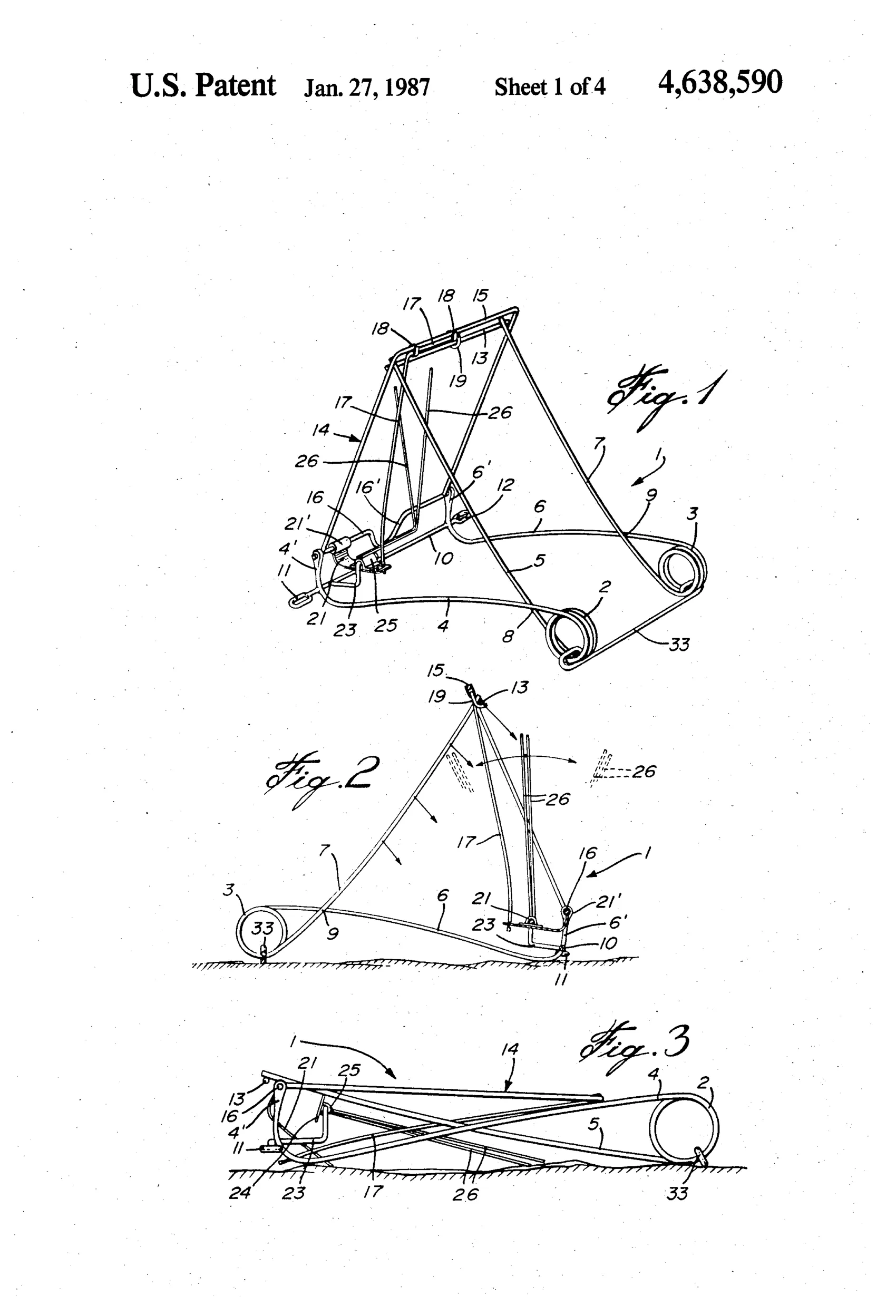 Line drawing of a wire-frame animal trap with two crossed pairs of spring-loaded arms forming an A-shape, rear coil springs, a transverse striking bar at the peak, and a bait-trigger release mechanism at the front base with labeled parts 1 through 33.
