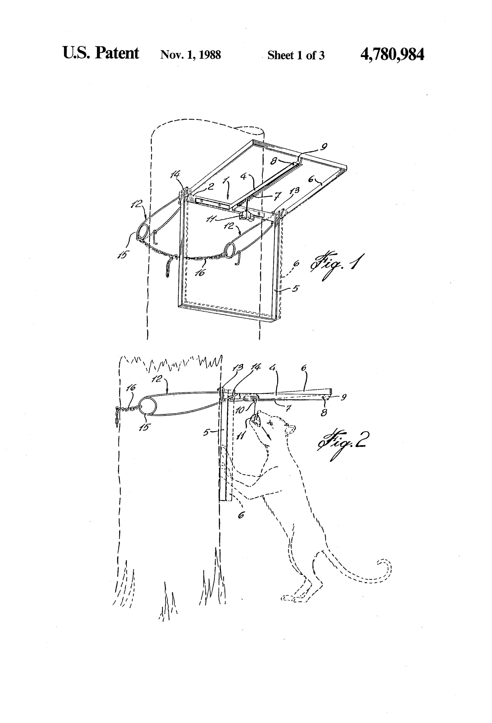 Perspective line drawing of a rectangular wire-frame animal trap mounted vertically against a tree trunk, showing a fixed V-shaped jaw, a hinged U-shaped movable jaw, a bait-triggered detent lever, and coiled spring wires with a chain wrapping around the tree to hold the trap in place.