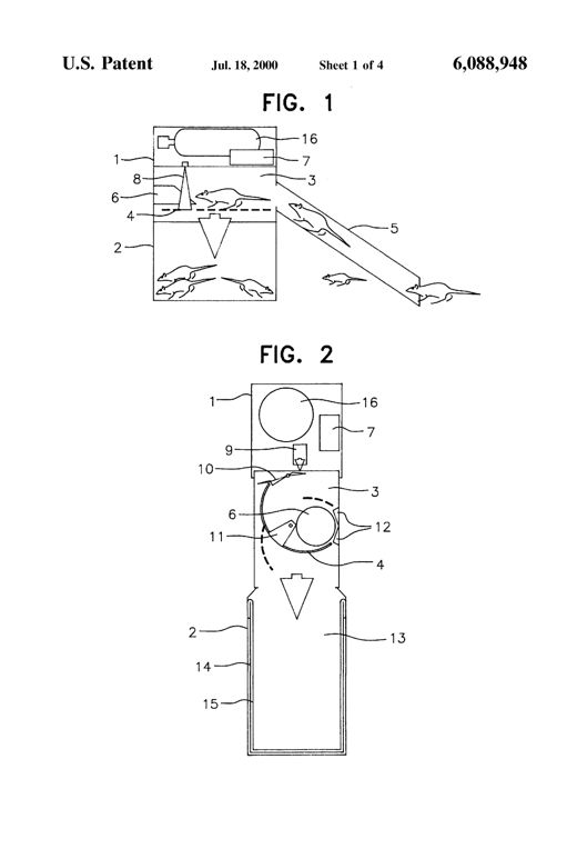 Cutaway line drawing of a rectangular rat trap: an entrance tunnel leads a rat past a sensor into a compartment with a curved drop door beneath an overhead CO2 gas bottle and control-unit box; the door dumps the rat into a lower killing chamber holding a removable drawer.