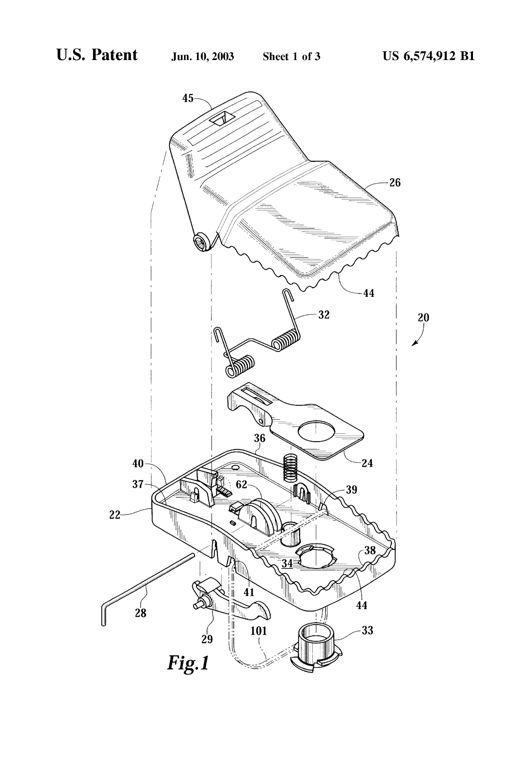 Exploded diagram of a plastic rodent trap showing a ribbed upper jaw, base with side walls and openings, spring, trigger, bait cup, and a cable tie for securing the trap around a pipe, plus a side view of the assembled trap clamped onto a pipe with the tie visible.