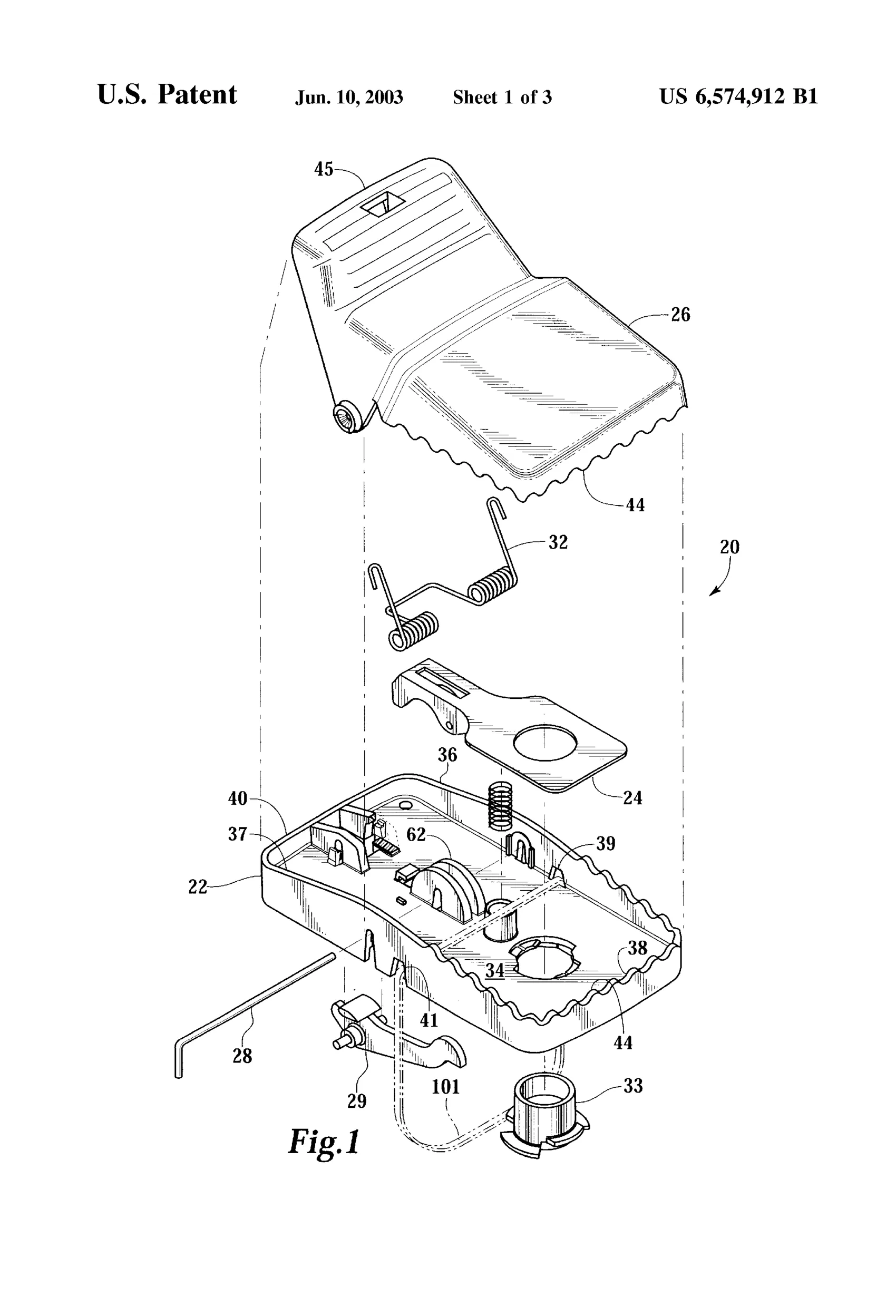 Exploded diagram of a plastic rodent trap showing a ribbed upper jaw, base with side walls and openings, spring, trigger, bait cup, and a cable tie for securing the trap around a pipe, plus a side view of the assembled trap clamped onto a pipe with the tie visible.