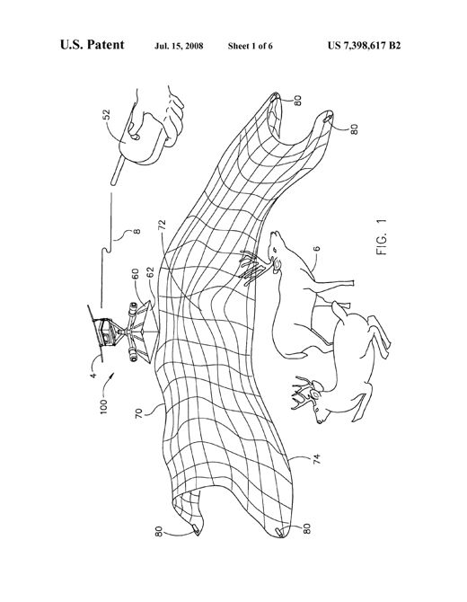 Line drawing of a four-armed net-launching device suspended above a net spread over two deer, with a remote hand-held trigger connected by wire.