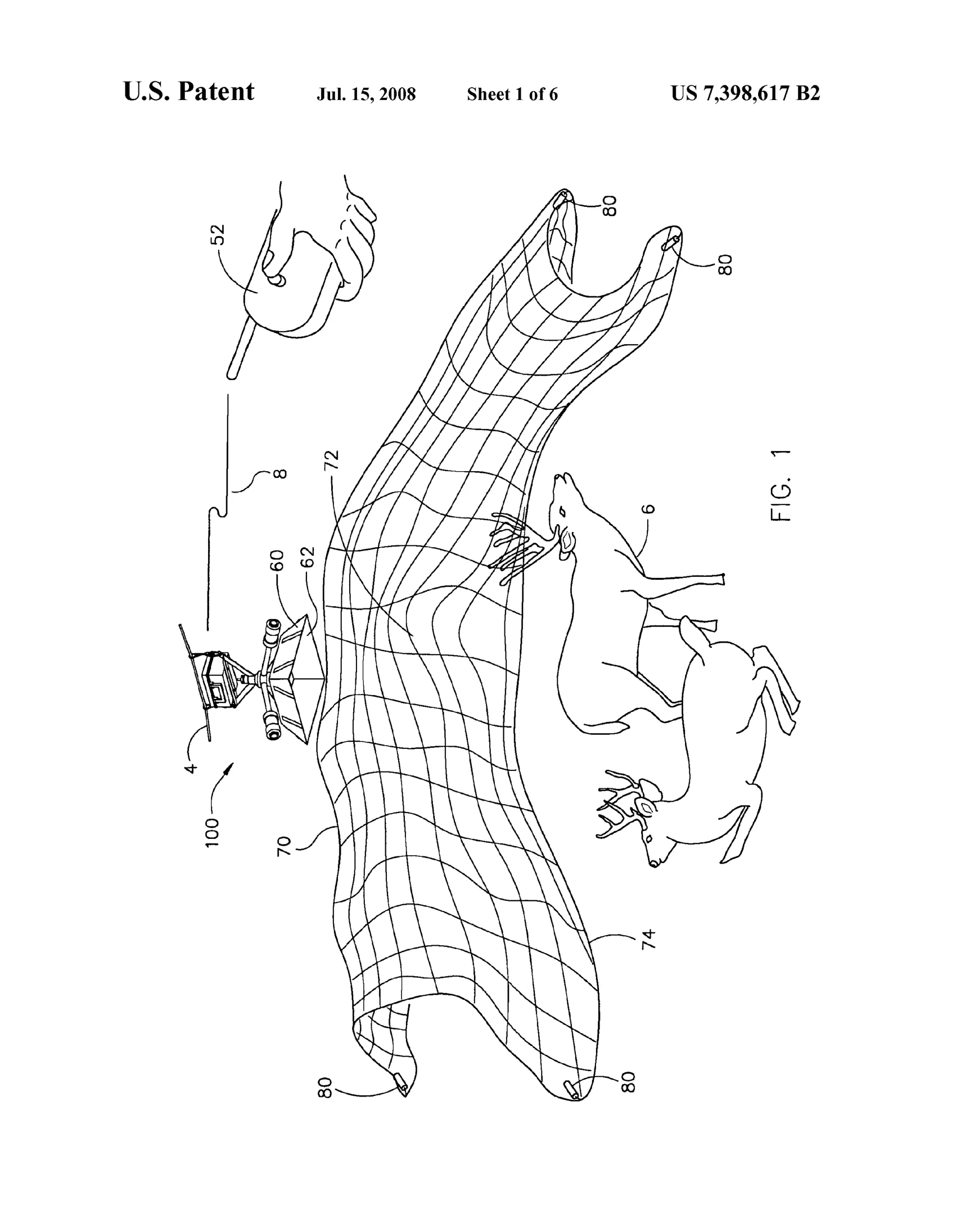 Line drawing of a four-armed net-launching device suspended above a net spread over two deer, with a remote hand-held trigger connected by wire.
