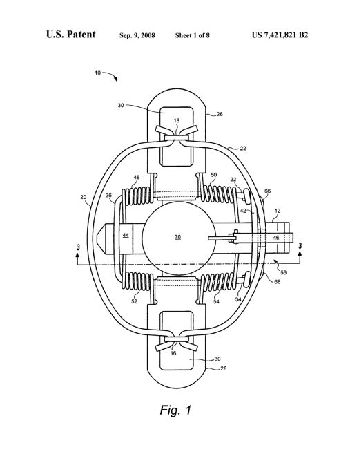 Top-down technical drawing of a cross-shaped animal trap frame showing two arch-shaped jaws at top and bottom, coil springs on each side, a central circular pan labeled 70, and a U-shaped retention pin with a spring pin lock extending across the frame to a trigger mechanism.