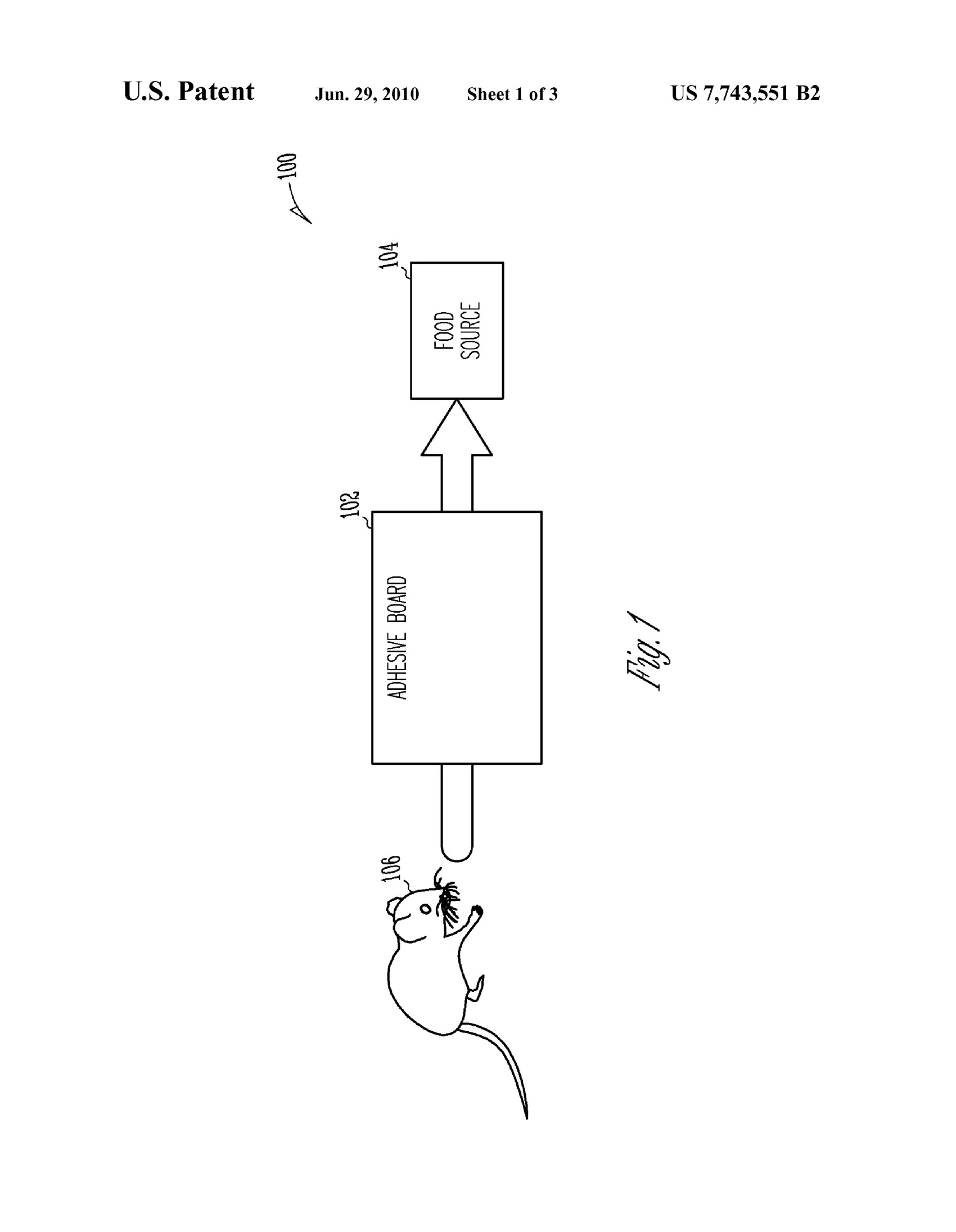 Exploded line drawing of a rectangular enclosure with two side panels and a top piece containing a slot for a transparent barrier panel, shown alongside a semi-elliptical variant and a diagram of a mouse approaching an adhesive board leading to a food source.