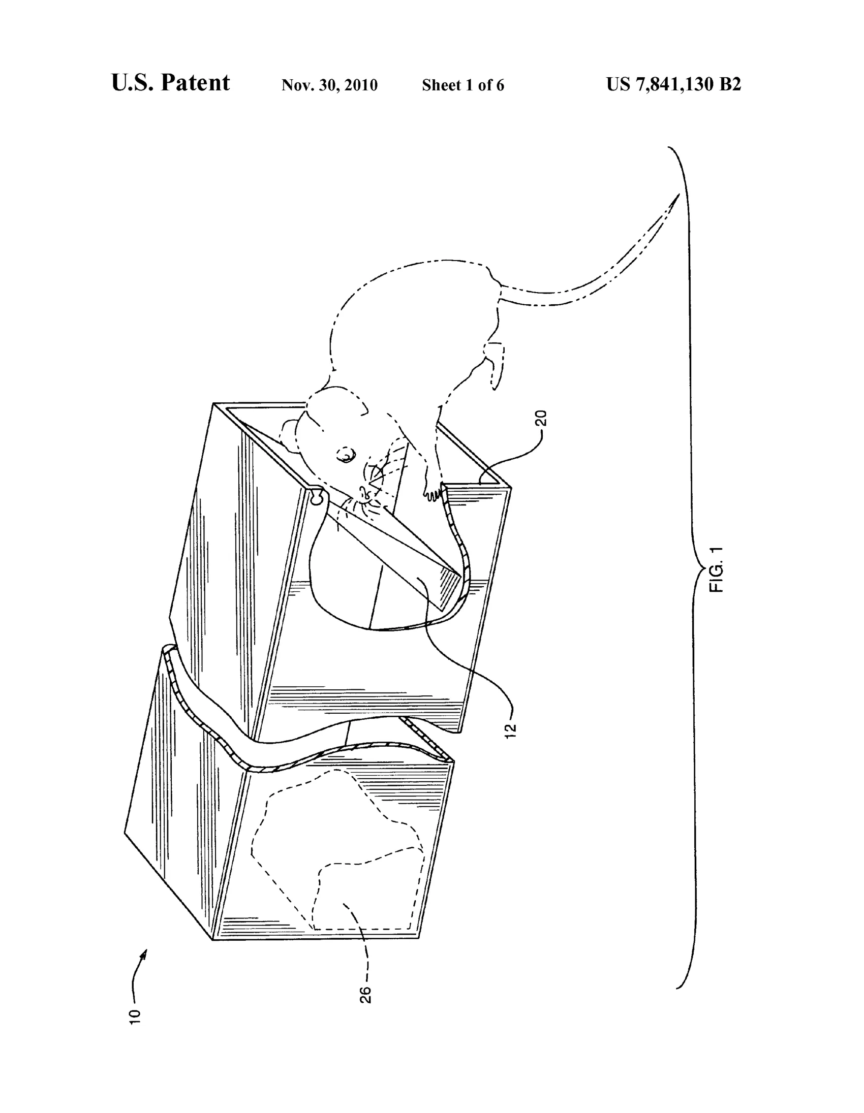 An isometric line drawing of a rectangular box-shaped rodent trap with a hinged, weighted one-way door swinging open at the top of the entry opening, with a mouse depicted climbing over the door into the enclosure.