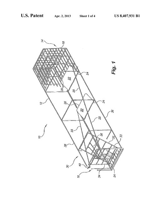 Perspective line drawing of an elongated rectangular mesh cage trap with a hinged door frame at one end, internal diagonal braces, and pressure-plate linkage rods running the length of the cage.