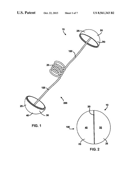 Line drawing of a slingshot-style launcher firing a two-part capsule connected by a coiled wire toward a leafless tree branch, with a separate figure showing the capsule halves and coil detail.