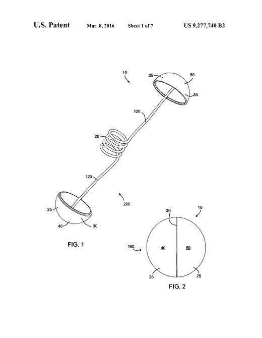 A dumbbell-shaped device with two hemispherical end caps connected by a coiled wire extension, shown exploded and assembled, alongside a gun-shaped launcher and a tree with the device wrapped around a branch.