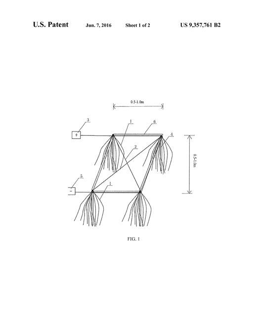 Line drawing of four bushy root-like fish nests arranged in a rectangle, wired diagonally to a positive terminal box and a negative terminal box, with dimension arrows marking 0.5-1.0 meter spacing between nests.